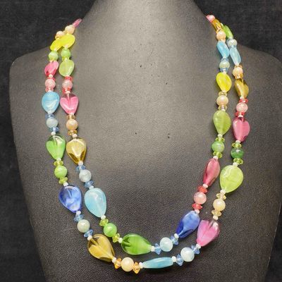 Sale Photo Thumbnail #173: Murano Venetian Lamp Work Art Glass Multi Light Color Double Layer Beaded Flower Clasp Necklace D12