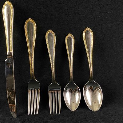Sale Photo Thumbnail #467: WATERFORD 5 Pc Setting Powerscourt Stainless Gold Accent Flatware (JB)