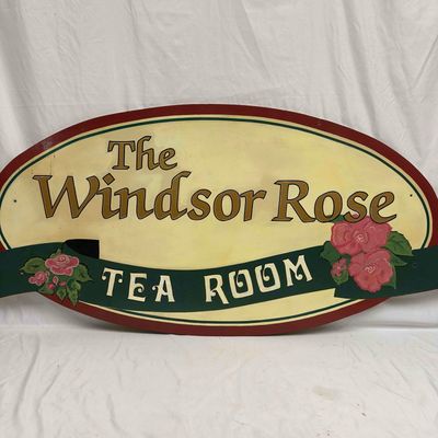 Sale Photo Thumbnail #259: Handcrafted The Windsor Rose Tea Room Pink Flower Hand Painted Wooden Ad Sign Large