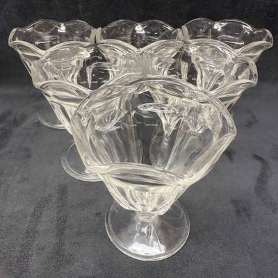 Sale Photo Thumbnail #220: Vintage Ice Cream Clear Glass Sundae Dishes Set of Six 6 Footed Tulip Soda Fountain Dish