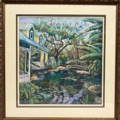 Sale Photo Thumbnail #243: Jane Bazinet Signed Original Pastel Tropical House and Garden Pond Scene