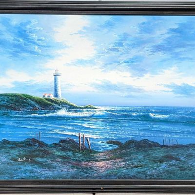 Sale Photo Thumbnail #135: JB Large Original Oil On Canvas Lighthouse Ocean Scene