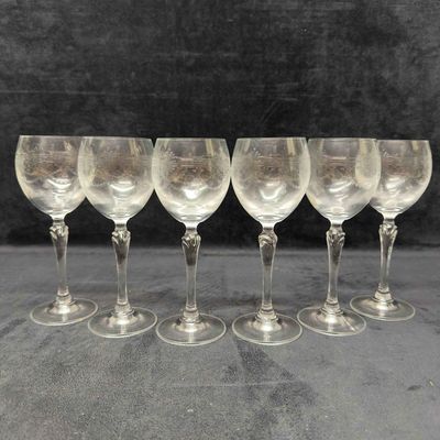 Sale Photo Thumbnail #87: Six Clear Stemmed Wine Bohemia Style Crystal Glasses Etched Glassware Set