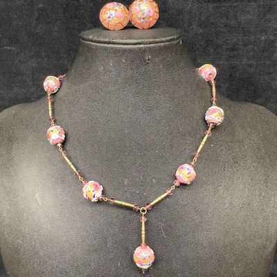 Sale Photo Thumbnail #183: Venetian Murano Lamp Work Glass Pink Round Bead Necklace and Earrings Set V
