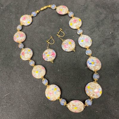 Sale Photo Thumbnail #321: Murano Venetian Lamp Work Glass White Copper Accents Beaded Floral Necklace and Earrings Set B9