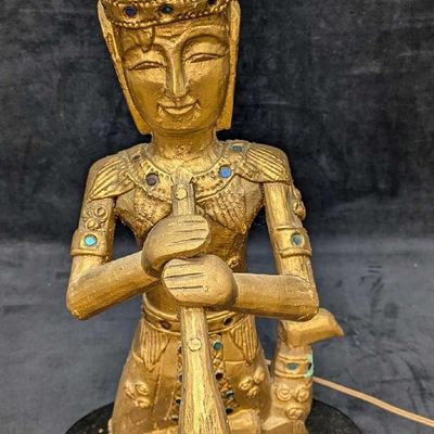 Sale Photo Thumbnail #15: Vintage Thai Or Burmese Carved Gilt Wood Converted Lamp Flute Player