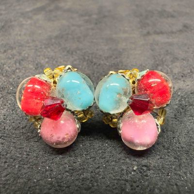 Sale Photo Thumbnail #103: Murano Venetian Art Glass Lamp Work Red Pink Light Blue Round Copper Beaded Earrings D33