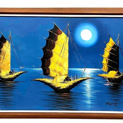 Sale Photo Thumbnail #129: Original Acrylic On Canvas Depicting Junk Boats In Moonlight Signed Feng Lao 74'