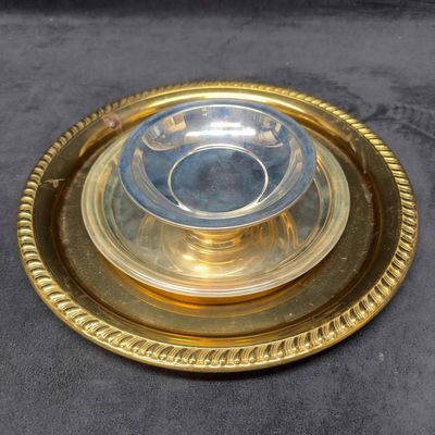 Sale Photo Thumbnail #178: Set of Three Gold Silver Colored Metal Serving Trays Bowl Plate