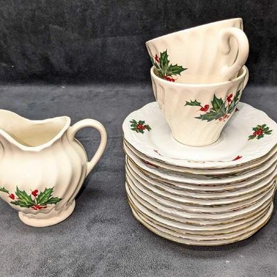 Sale Photo Thumbnail #500: Vintage Christmas Holly Porcelain Saucers & Cups & Creamer
