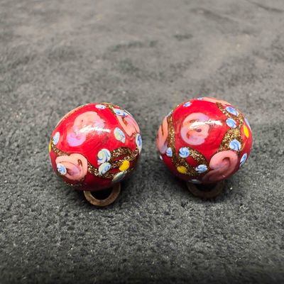 Sale Photo Thumbnail #302: Murano Venetian Art Glass Lamp Work Red Round Floral Beaded Earrings D53
