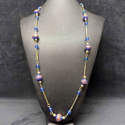 Sale Photo Thumbnail #128: Murano Venetian Art Glass Lamp Work Bead Blue Beaded Silver Toned Chain Long Necklace C16