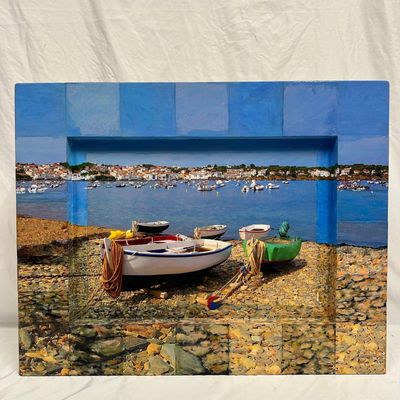 Sale Photo Thumbnail #486: Robert Stein Mixed Media Relief Cadaques Boats Framed Wall Wood Artwork