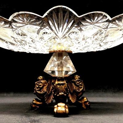 Sale Photo Thumbnail #305: VTG Crystal Candy Dish w/ Brass Claw Foot Pedestal