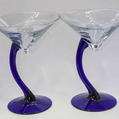 Sale Photo Thumbnail #172: 2 Cobalt Blue Stemmed Martini Glasses