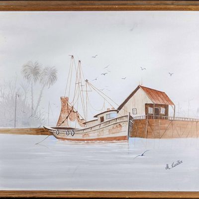Sale Photo Thumbnail #124: Acrylic on Canvas Boat Docked at Shore Signed