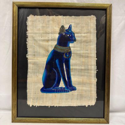 Sale Photo Thumbnail #114: Framed Egyptian Bastet Cat Papyrus Artwork Blue Black Tones