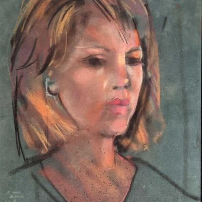 Sale Photo Thumbnail #227: Original Chalk On Felt Concerned Woman