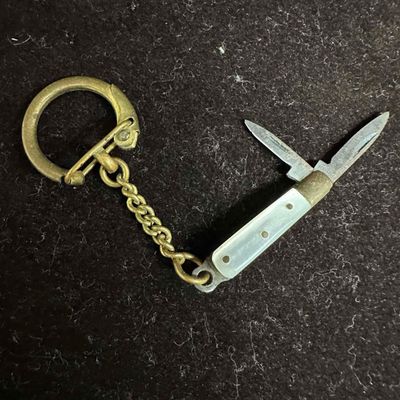 Sale Photo Thumbnail #182: Two Blade Miniature Pocket Knife Maussner Germany Brass Tips Pearl Handle Mini Blade Keychain