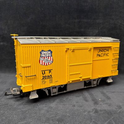 Sale Photo Thumbnail #424: Aristo-Craft Union Pacific G Scale Yellow Boxcar Woodside Style