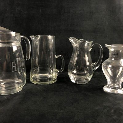 Sale Photo Thumbnail #455: A Mixed Lot Of 4 Clear Glass Serving Water Liquid Pitcher Flower Vase Denizh Curvy Tall Pinch Spout