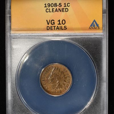 1908-S INDIAN CENT VG 10 DETAILS CLEANED ANACS