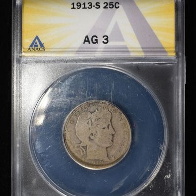 Sale Photo Thumbnail #196: 1913-S BARBER QUARTER ANACS AG3