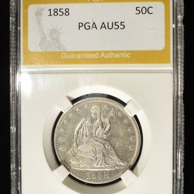 Sale Photo Thumbnail #207: 1858 LIBERTY HALF DOLLAR PGA AU/BU