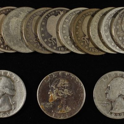 Sale Photo Thumbnail #358: (13) BARBER, (5) WASHINGTON QUARTERS 90% SILVER