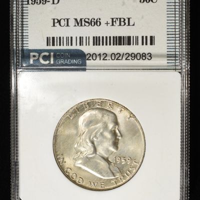 Sale Photo Thumbnail #214: 1959-D FRANKLIN HALF DOLLAR PCI SUPERB GEM BU FBL