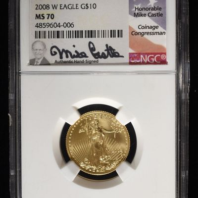 Sale Photo Thumbnail #448: 2008-W BURNISHED 1/4 OZ $10 GOLD EAGLE NGC MS-70
