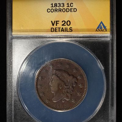 Sale Photo Thumbnail #141: 1833 CORONET HEAD LARGE CENT ANACS VF20 DETAILS
