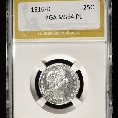Sale Photo Thumbnail #197: 1916-D BARBER QUARTER PGA CG/GEM BU PL