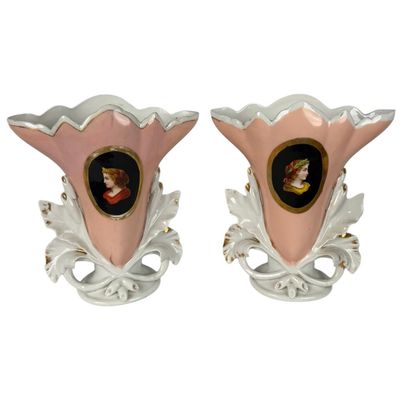 Pair Old Paris Porcelain Portrait Vases