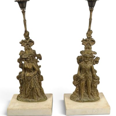 Pair Figural Brass Marble Candlesticks