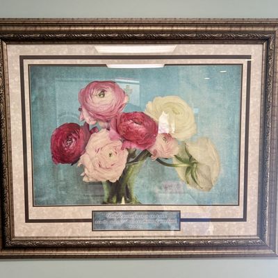 Framed Floral Still Life Print with Ranunculus and Psalm 37:4