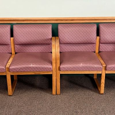 A Set of Oak Frame Two Seat Reception Chairs with Mauve Patterned Upholstery