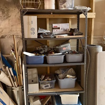 Sale Photo Thumbnail #403: Delta Faucet, Portfolio Ceiling Medallion & Hardware on 5-Tier Metal Shelving Unit