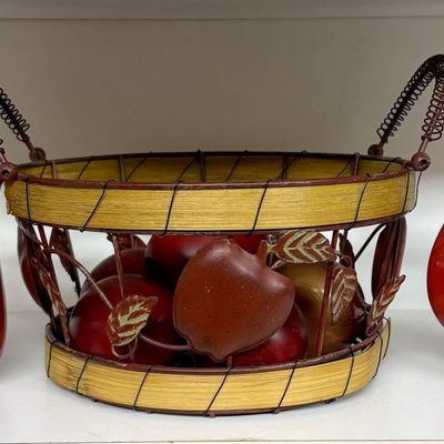 Sale Photo Thumbnail #243: A Pair of Ceramic Hand-Warmer Mugs and a Decorative Mixed-Media Fruit Basket