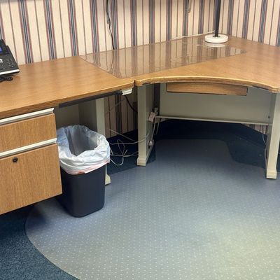 Sale Photo Thumbnail #167: Modular L-Shaped Two-Piece Office Desk with Filing Pedestal and Pencil Drawer