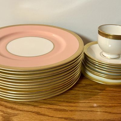 Sale Photo Thumbnail #288: A Collection of Lenox Pink and Gold Acid Etched Encrusted Porcelain Dinnerware