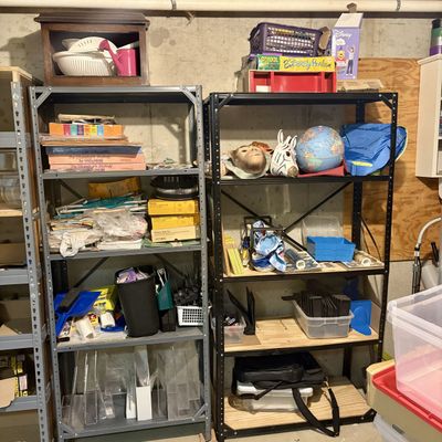 Sale Photo Thumbnail #347: Pair Metal Shelving Units w/ Educational Materials, Photo Accessories & Office Supplies
