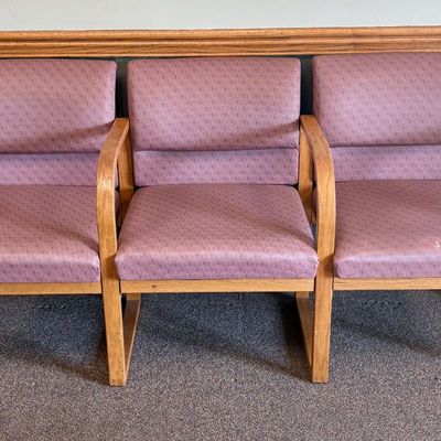 Sale Photo Thumbnail #40: Three Seat Oak Bentwood Commercial Waiting Room Bench with Mauve Patterned Fabric