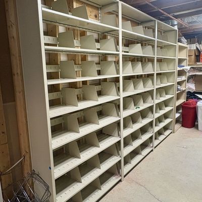 Sale Photo Thumbnail #374: Three-Bay Slotted Metal Record Storage Shelving Units with Dividers