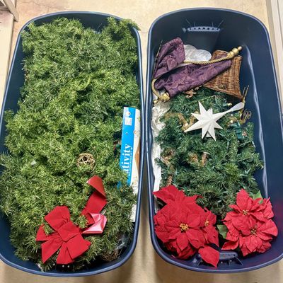 Sale Photo Thumbnail #305: An Assortment of Seasonal Holiday Decorations and Ornaments in Two Storage Totes