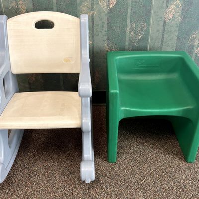 Sale Photo Thumbnail #48: Two Child-Size Molded Plastic Chairs including a Learning Products Inc. Cube Chair