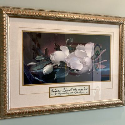 Sale Photo Thumbnail #33: Framed Magnolia Still Life Print with Calligraphic Benediction