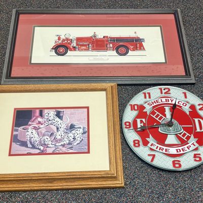 Sale Photo Thumbnail #135: A Trio of Firefighting Themed Decorative Items Including Framed Prints and a Wall Clock