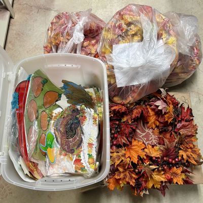 Sale Photo Thumbnail #299: A Taymor Storage Tote and an Assortment of Fall and Thanksgiving Decorations