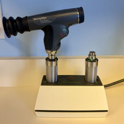 Sale Photo Thumbnail #158: Welch Allyn PanOptic Ophthalmoscope and Dual Well Desk Charger with Two Handles